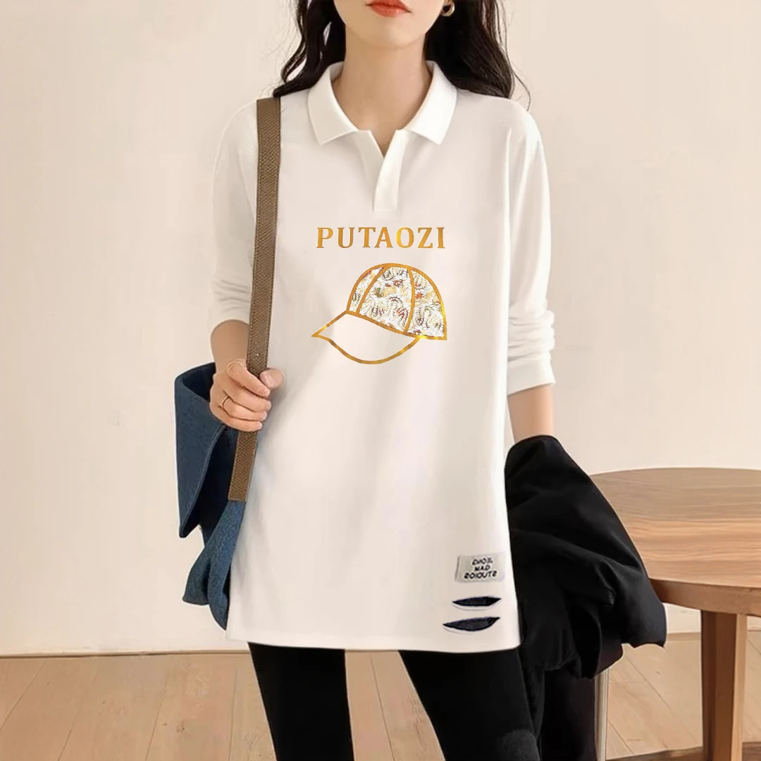 韩版白色长袖t恤秋冬季新款POLO领上衣中长款慵懒风女士打底衫