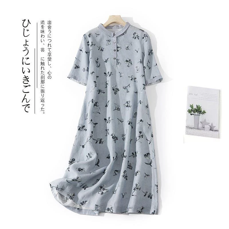 品牌专柜撤柜清仓尾货女文艺减龄碎花亚麻连衣裙宽松棉麻衬衫长裙