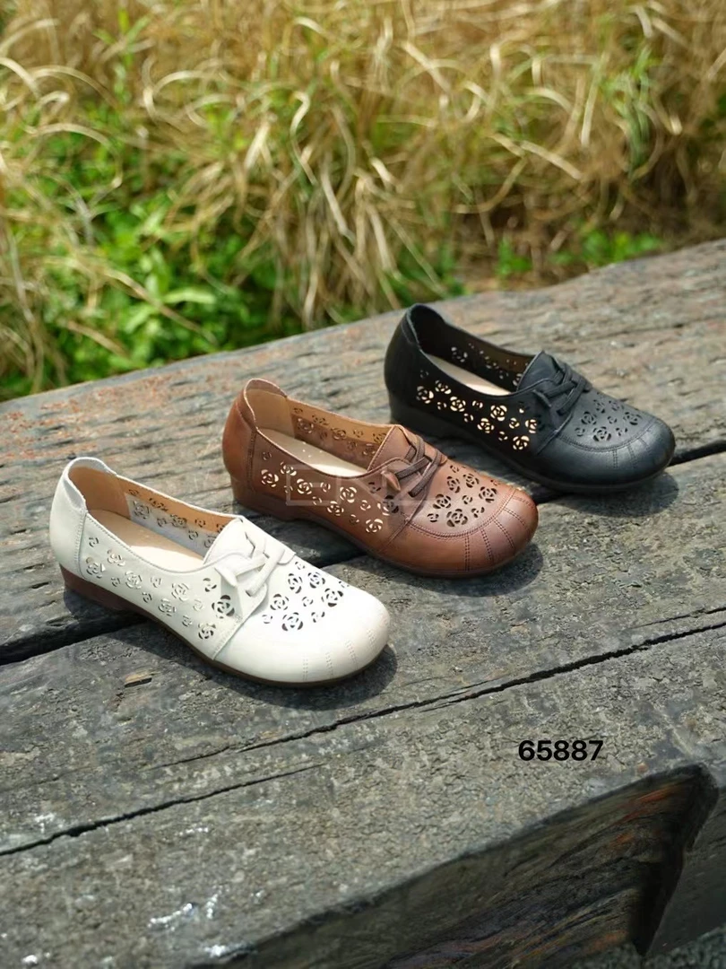 妈妈鞋单鞋皮鞋夏季圆头舒适镂空休闲风休闲鞋套筒女鞋防滑