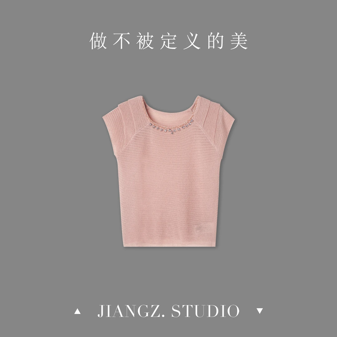 panii【桃夭】夏季新款重工手工钉钻气质层叠小飞袖亲肤透气凉感T恤