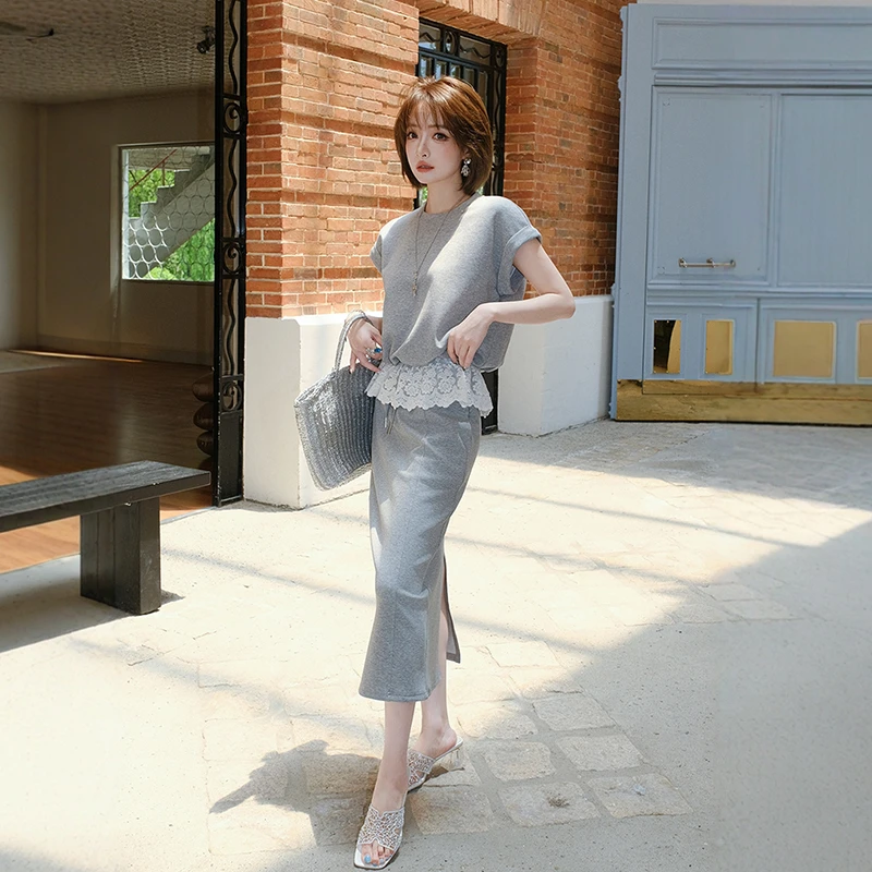 【现货】MIUCO连肩袖圆领蕾丝短袖上衣+高腰直筒裙套装T8963S4138