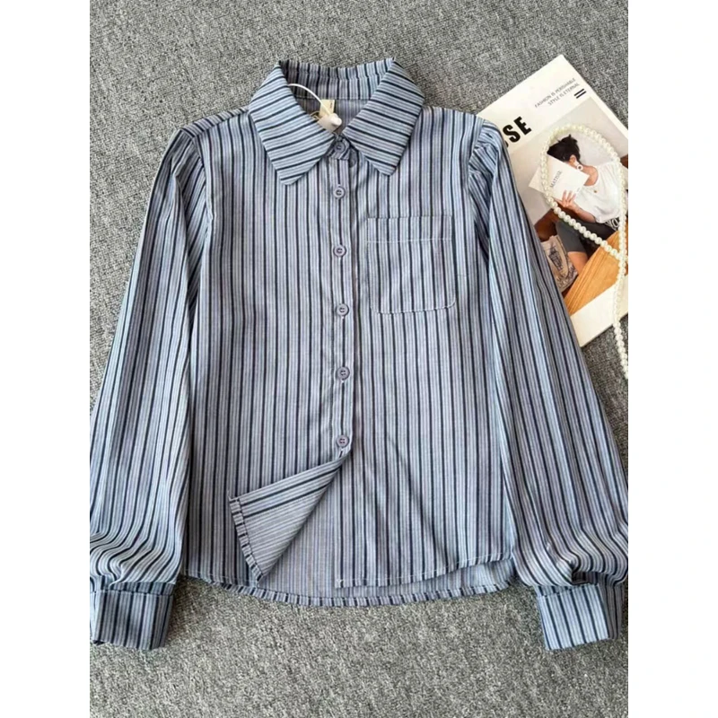 475 法式翻领条纹衬衫女新款秋设计感显瘦宽松长袖衬衣不规则上衣