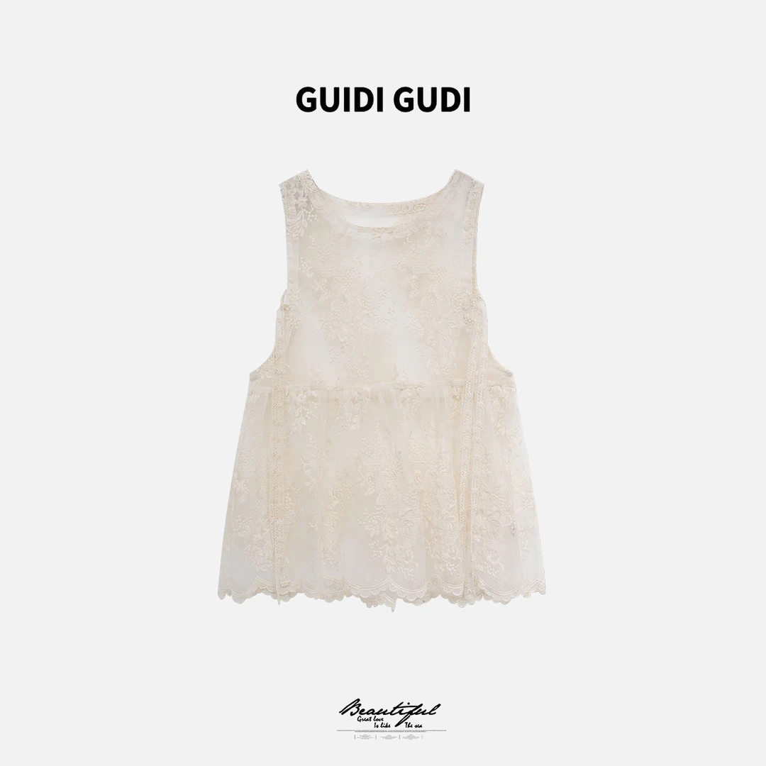 GUIDI GUDI【相信直觉】黄加蓝气质重工蕾丝国风背心