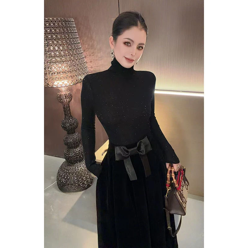 （水溶羊毛）高领亮片拼接针织长袖上衣CS31318