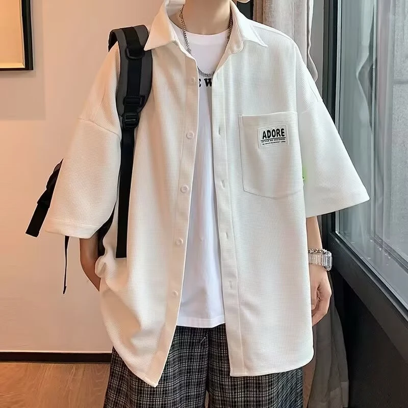 华夫格衬衫男士夏季套装休闲青少年外套半袖衬衣男装一套搭配帅气