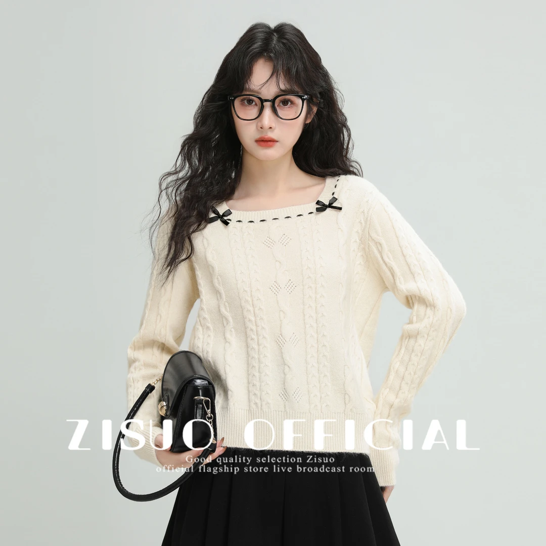 法式方领蝴蝶结毛衣女2025春秋新款设计感软糯麻花针织衫短款上衣