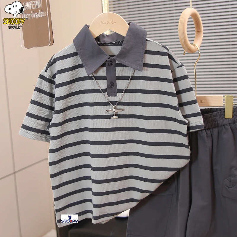 史努比男童夏装套装2025新款儿童条纹POLO衫男孩中大童夏季休闲潮