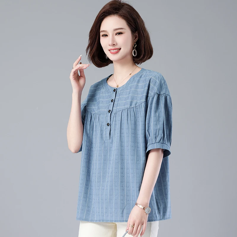 妈妈夏装洋气条纹圆领短袖上衣8270