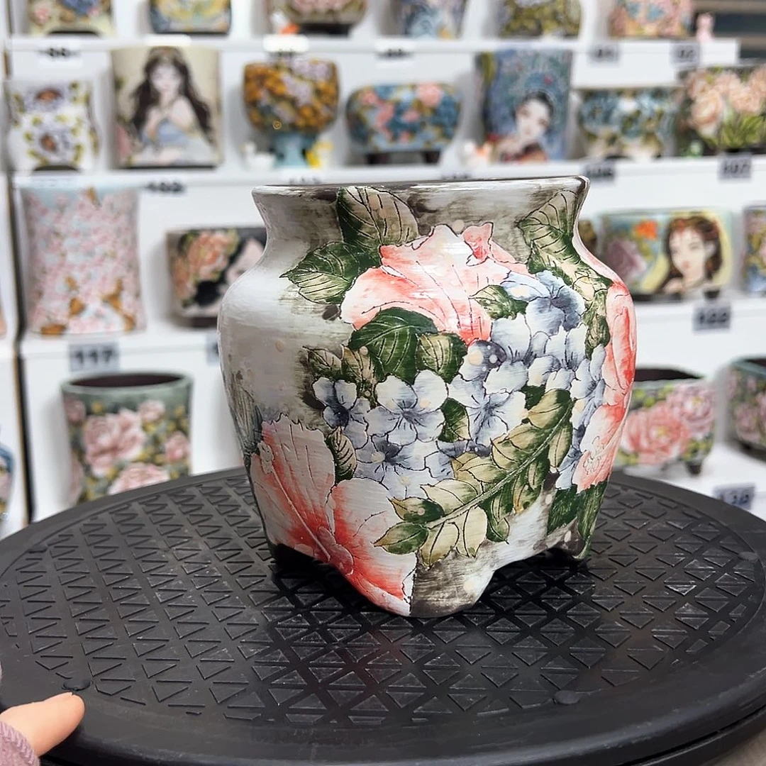 手绘陶瓷花盆口10高13.8