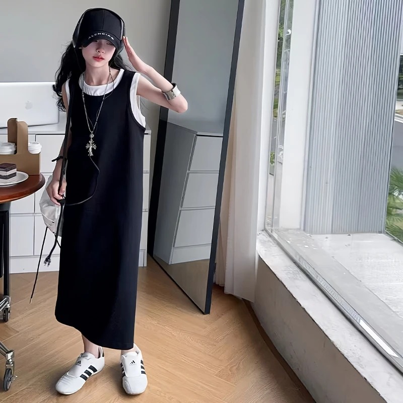 中大童赫本风女童无袖连衣裙2025夏装新款高端儿童女孩背心裙子