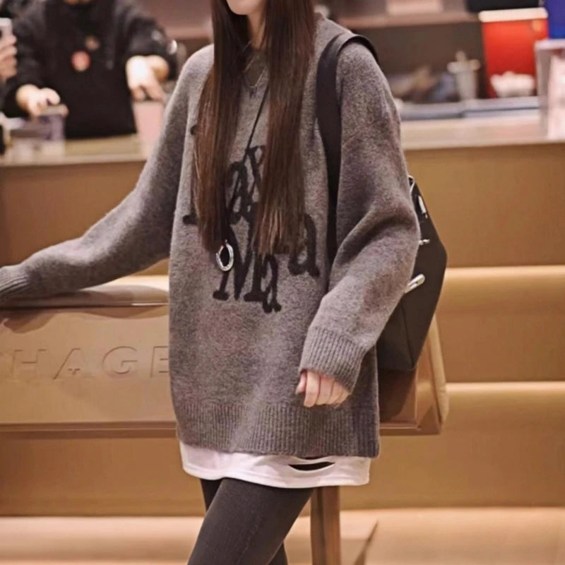 中长款灰色毛衣女款秋冬2025新款大码胖MM宽松洋气独特针织上衣