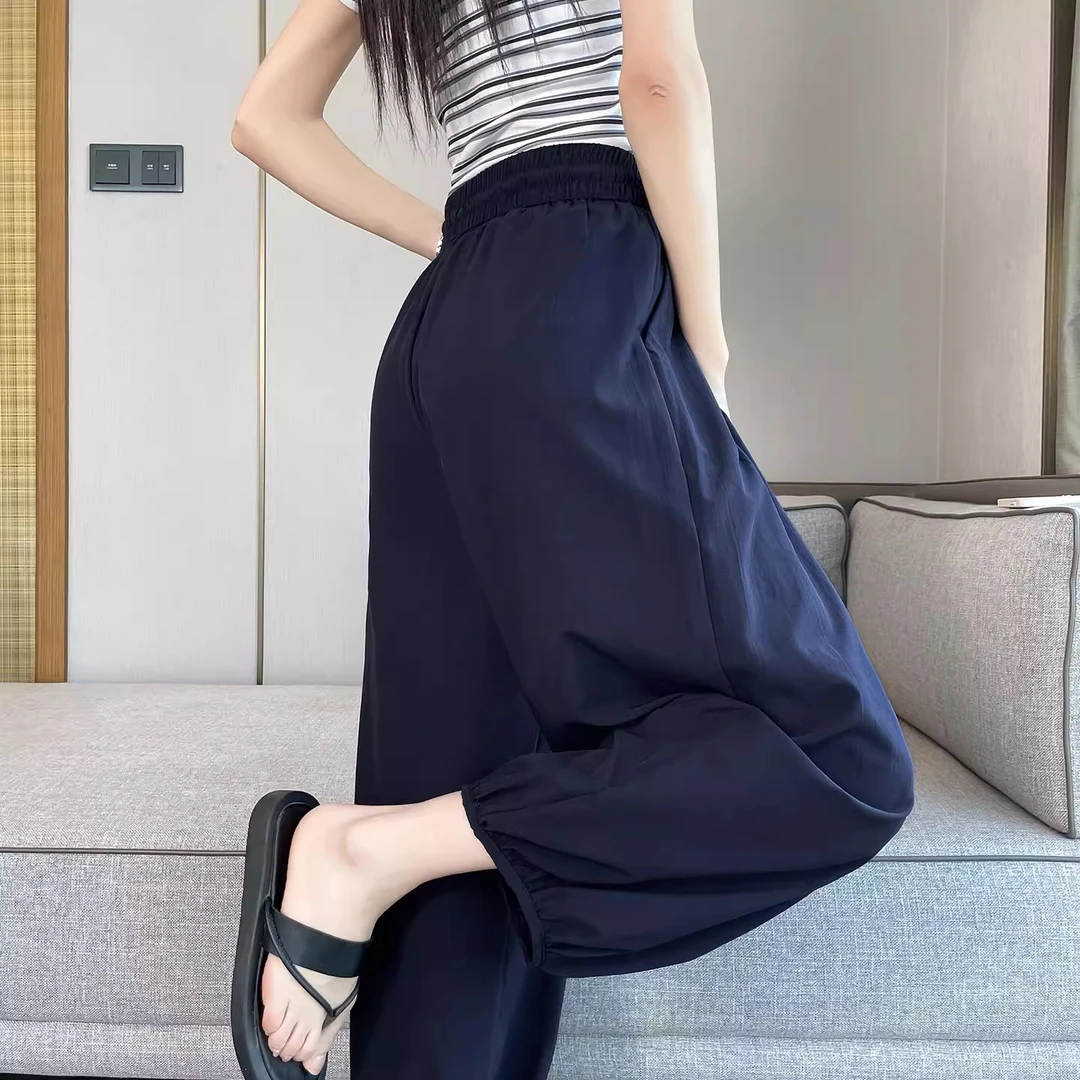 冰丝藏青色运动裤女夏季薄款2025新款垂感九分凉凉哈阔腿灯笼裤