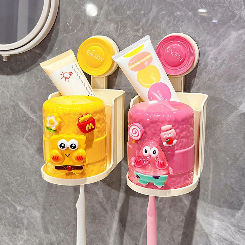 吸盘牙刷置物架壁挂可爱卡通海绵宝宝浴室免打孔漱口杯刷牙杯架子