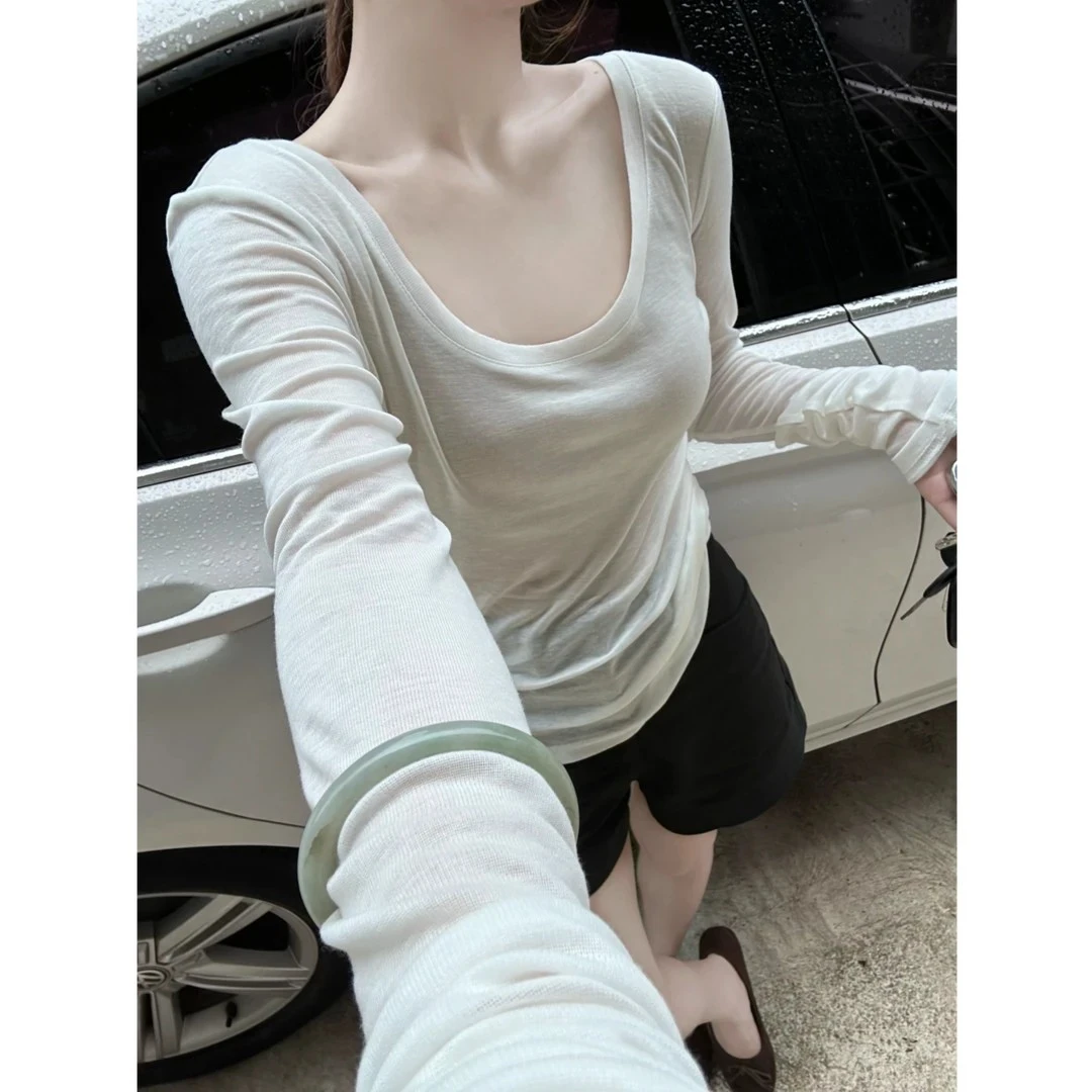 2025春秋新款天丝羊毛轻薄显瘦微透内搭长袖T恤女慵懒风打底上衣