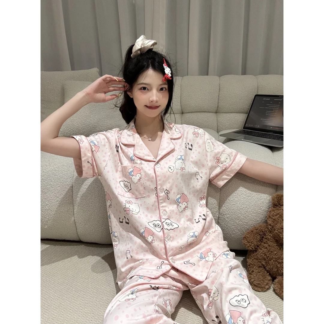 【DMXJ大梦想家】甜美可爱HelloKitty印花睡衣女夏款亲肤家居服套装