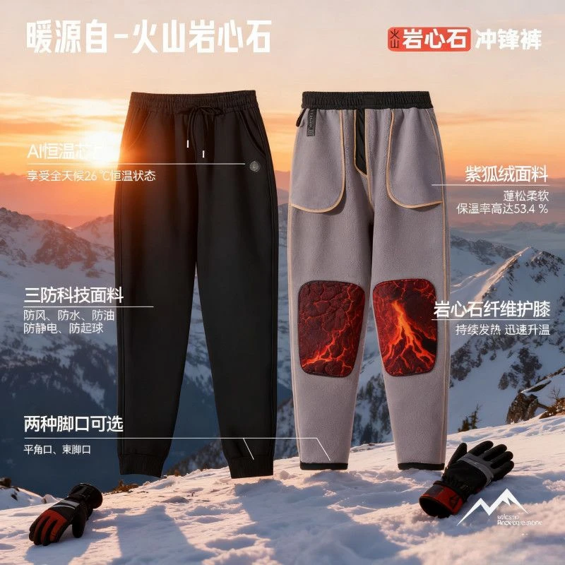 【北方必备】超厚冲锋裤火山岩心石防风防水防油保暖护膝恒温芯片裤