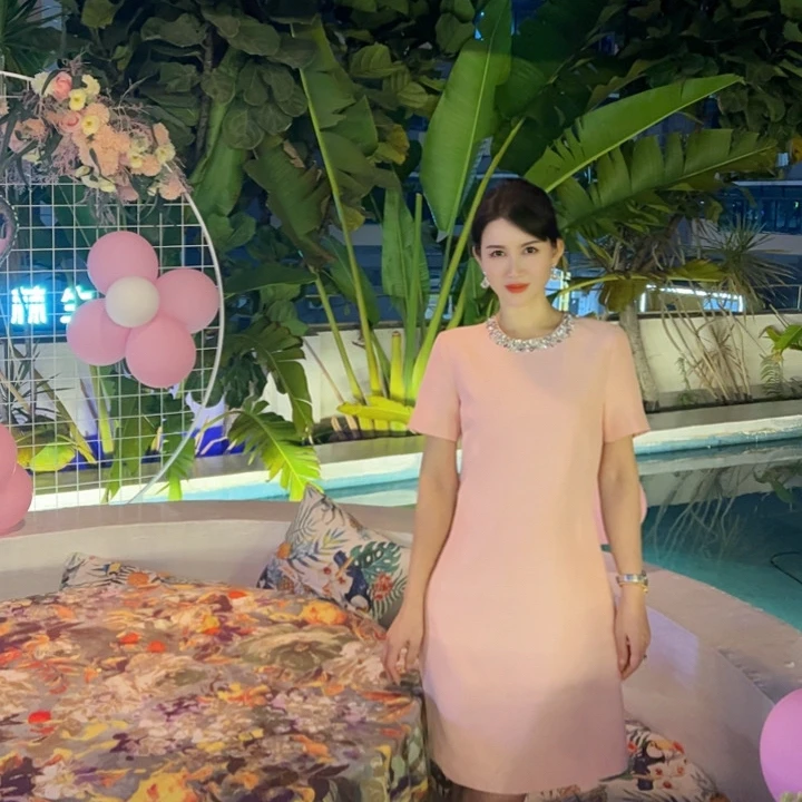 【桃花依旧】25139  安妮老板 法式名媛钉钻收腰气质短袖A字连衣裙