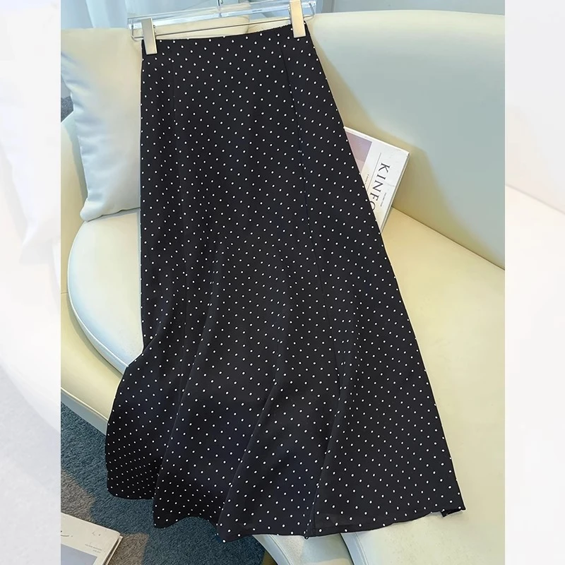 黑色波点雪纺半身裙女夏季薄款2025新款中长款伞裙百褶裙子a字裙