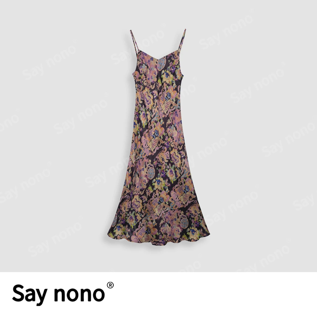 懒猫nono│Saynono春夏新款中式潮流印花气质显瘦吊带长裙H32816X