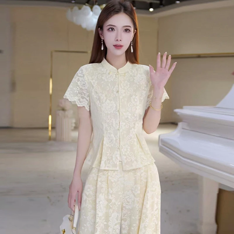 新中式时尚气质套装女2025年夏季新款收腰开衫上衣阔腿裤两件套潮