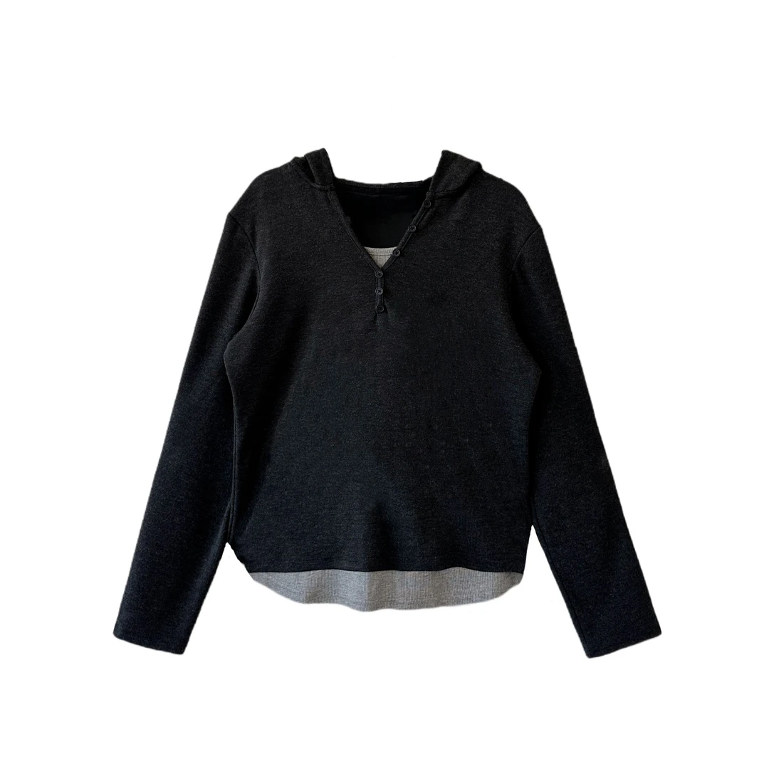 SS25059  假两件小V领显瘦连帽糯米卫衣卫裤套装