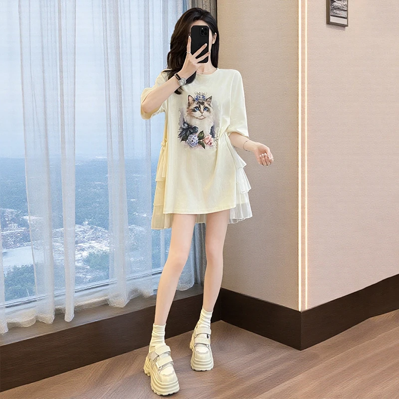 连衣裙卡通时尚高腰套头夏季短裙连衣裙中长款气质印花小众显瘦