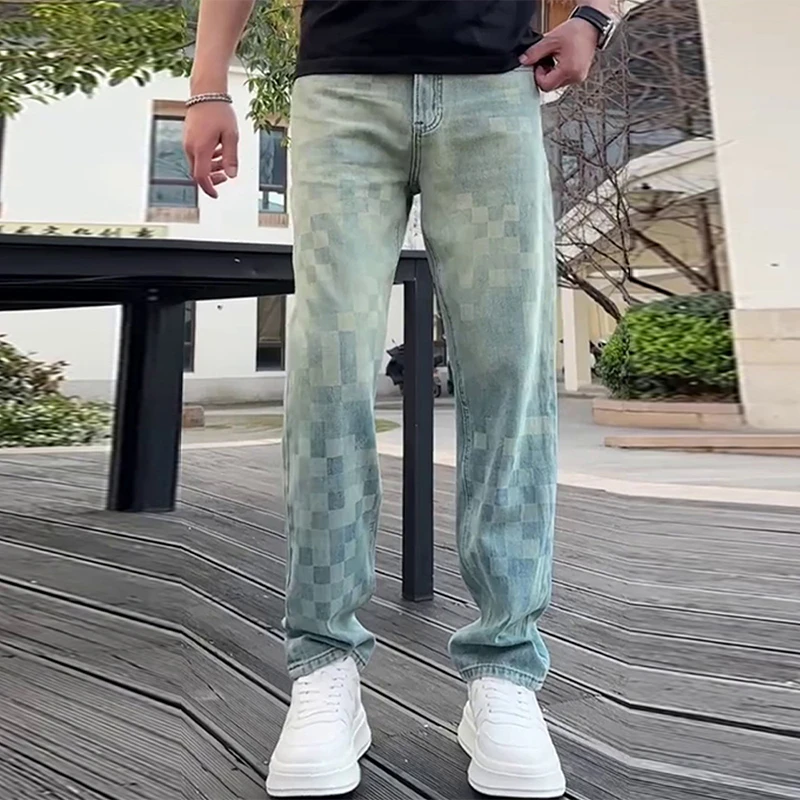 潮牌男装大码休闲裤潮流痞帅格子牛仔裤2025美式高街爆款哈伦裤男