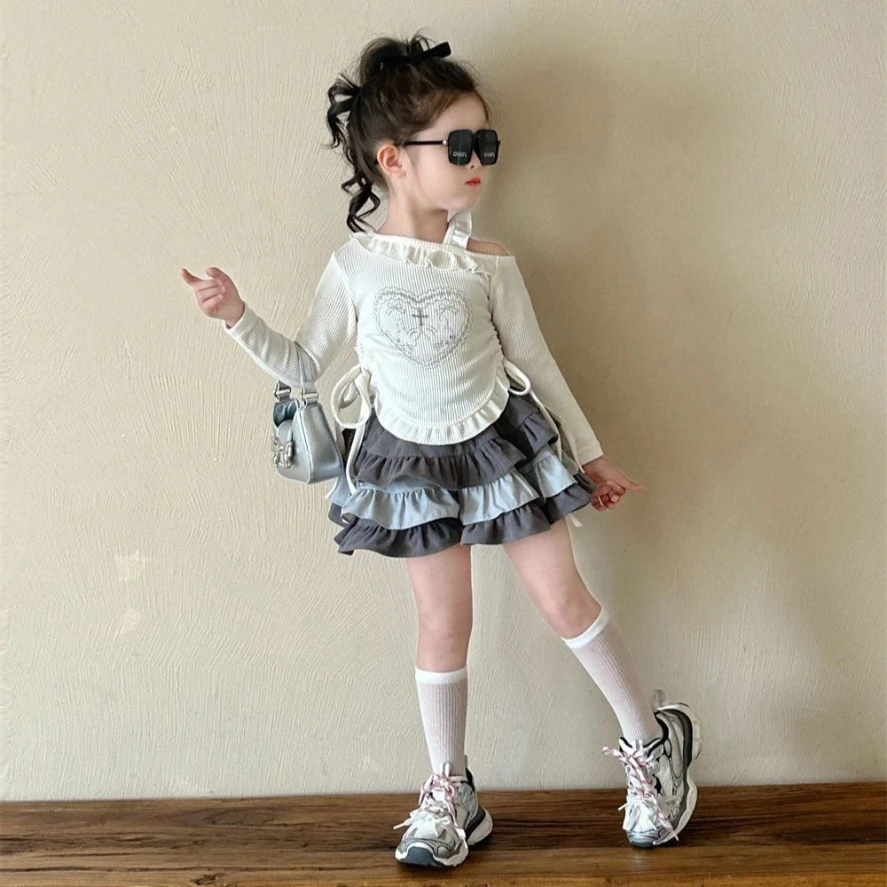 女童洋气露肩打底衫2025春秋新款儿童时髦抽绳上衣半身裙两件套潮