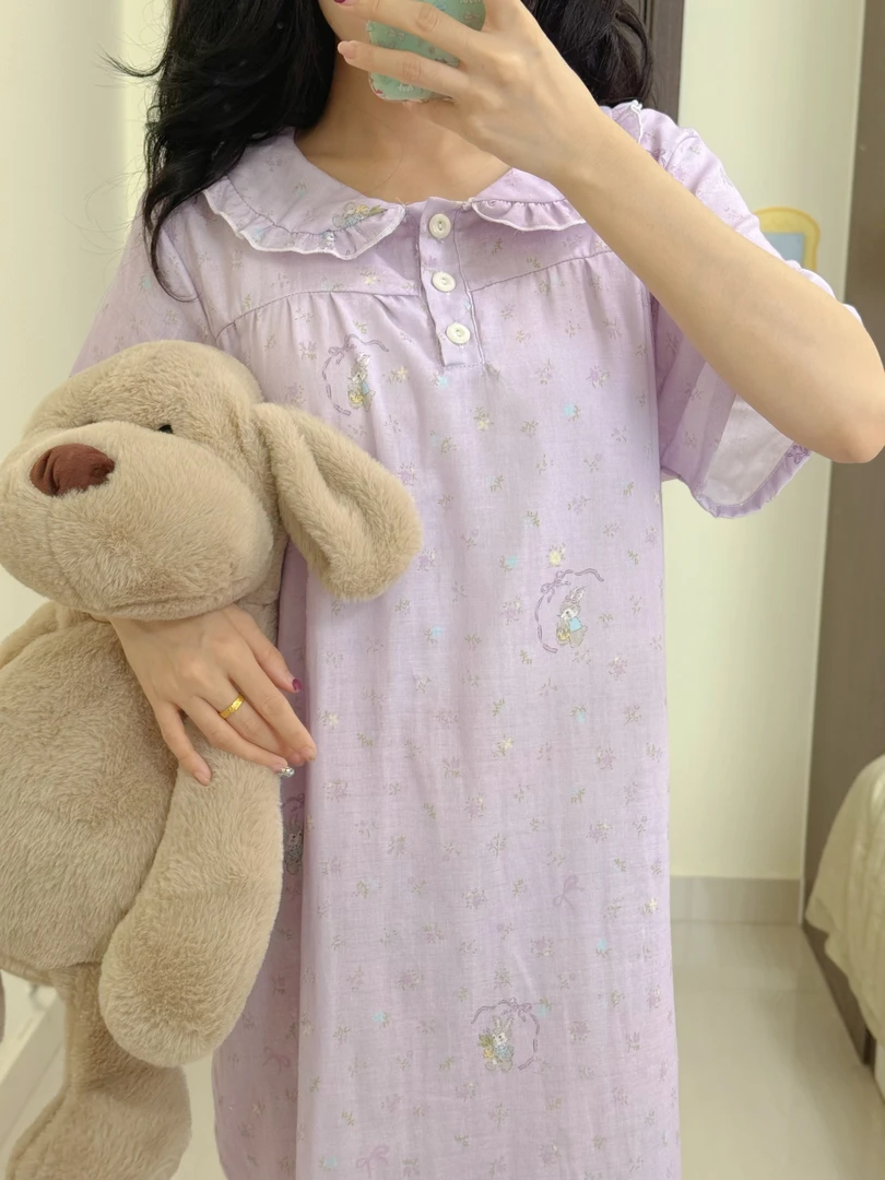 夏季自留款短袖睡裙！全棉双层纱印花ins韩版时尚睡裙显瘦卡通宽松