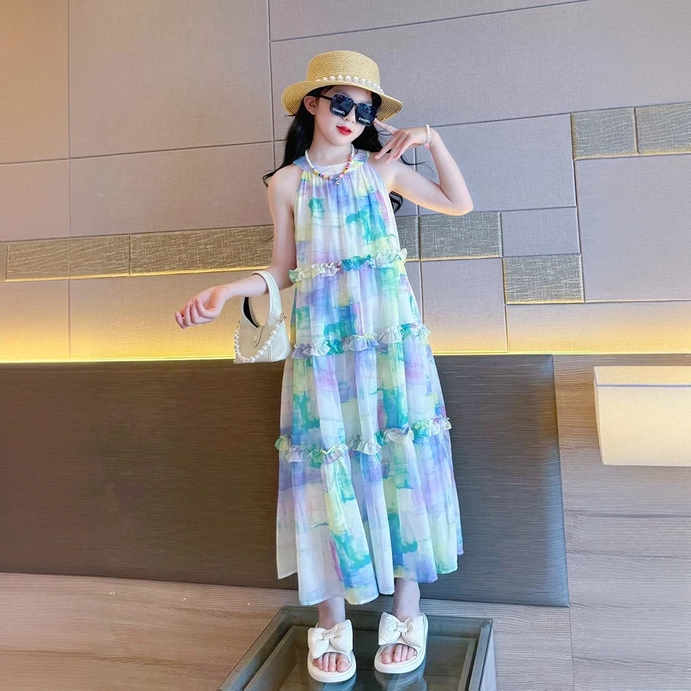 女童无袖连衣裙夏季2025新款儿童海边度假沙滩裙子大童女孩蛋糕裙
