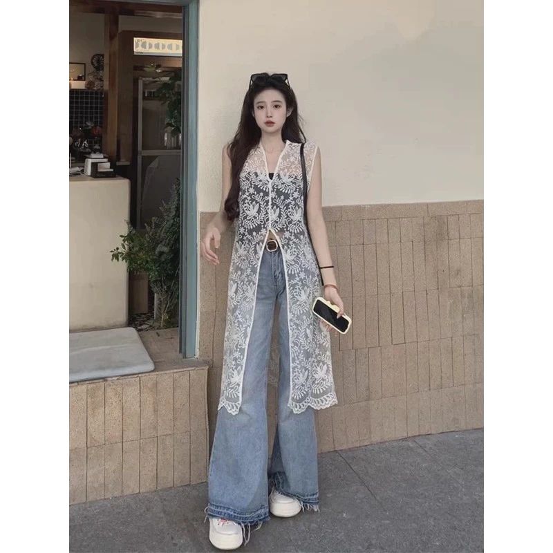白色蕾丝网纱连衣裙女夏新款设计感镂空罩衫提花无袖背心裙潮