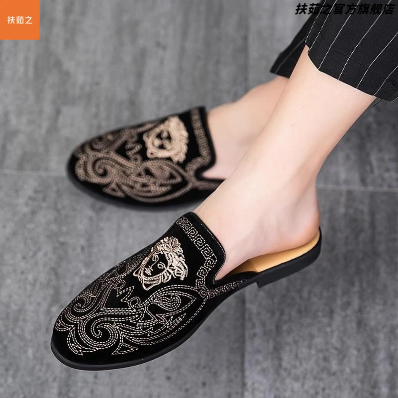 潮牌半拖鞋男夏季外穿豆豆潮鞋网红镶钻无后跟懒人皮鞋包头凉拖鞋