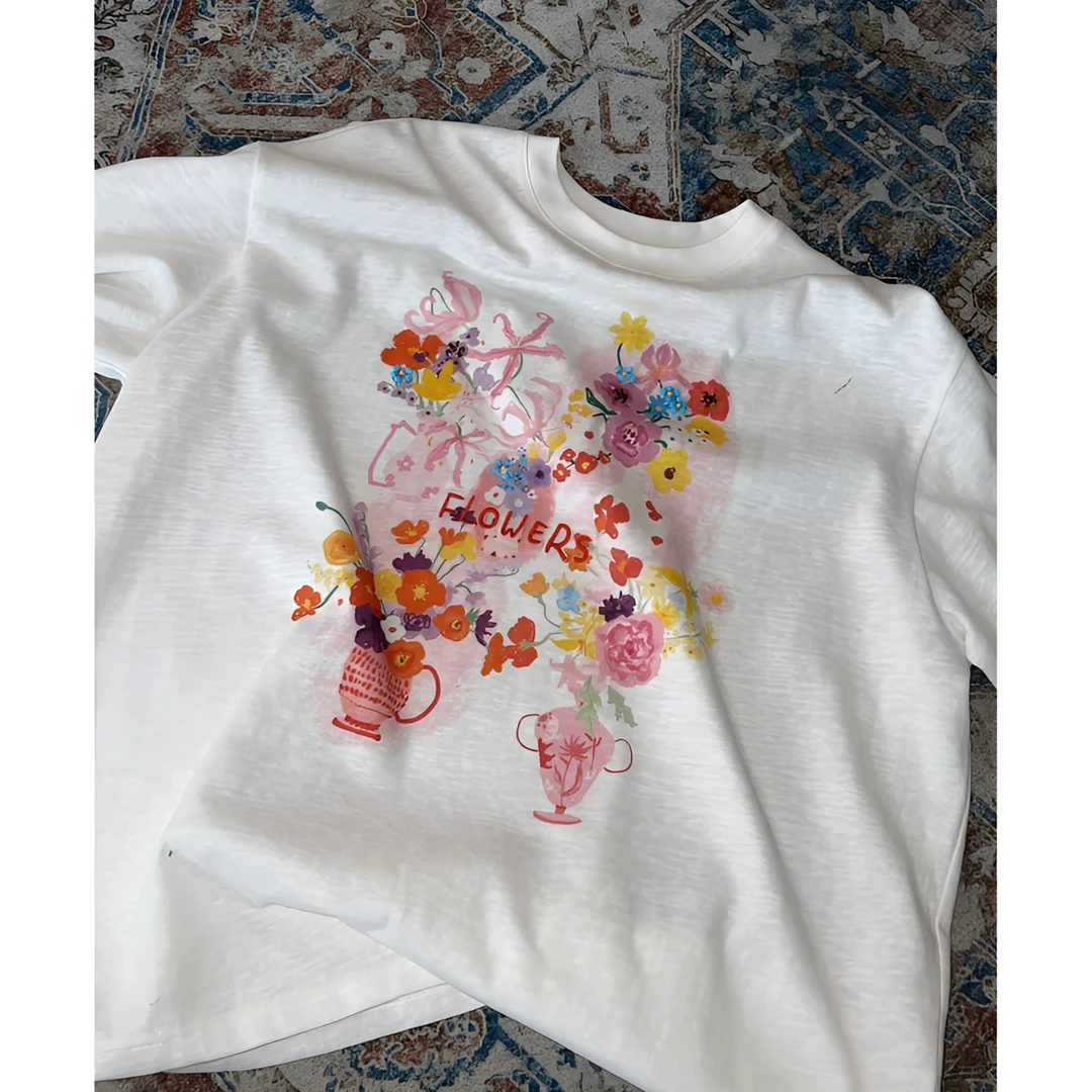 LNHJ【夏日松弛】圆领纯棉宽松oversize印花刺绣穿珠T恤