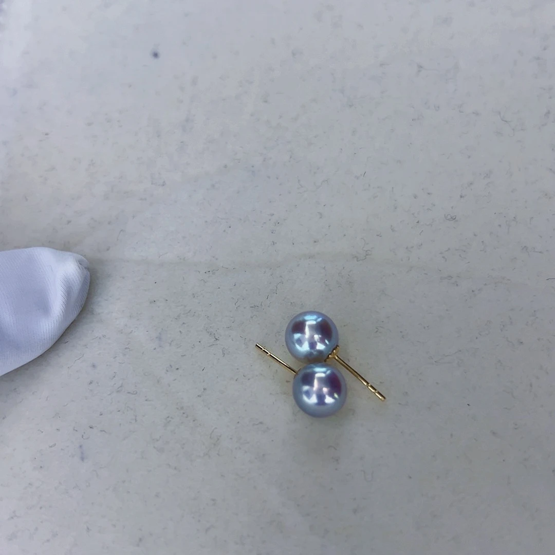 海水珍珠海水akoya真多麻色耳钉7.5-8mm18K金镶嵌
