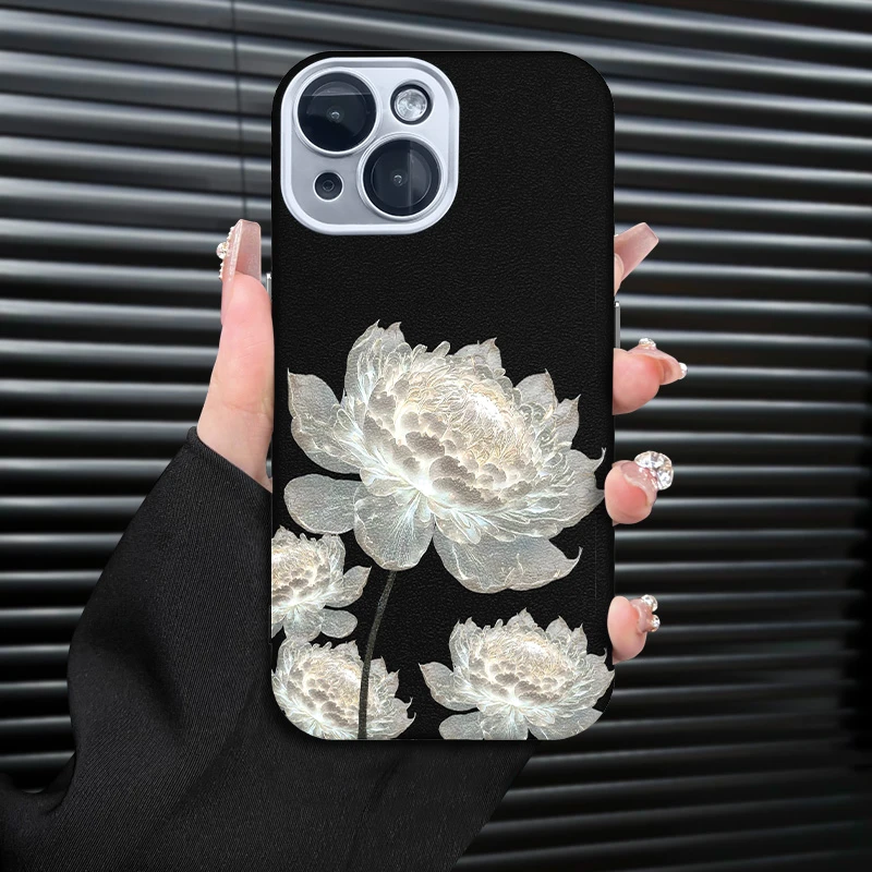 昙花精孔金属皮纹适用苹果15/16promax手机壳14/13/12/11全包防摔