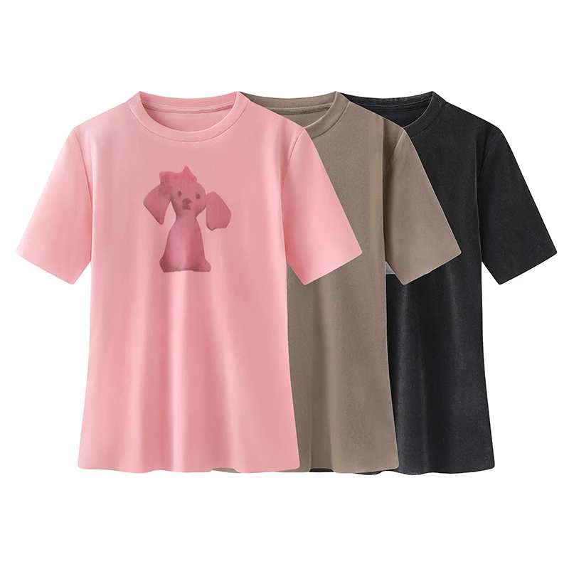 【0116】【丝绒小狗T】2025春装新品简笔印花正肩修身丝绒短袖T恤女