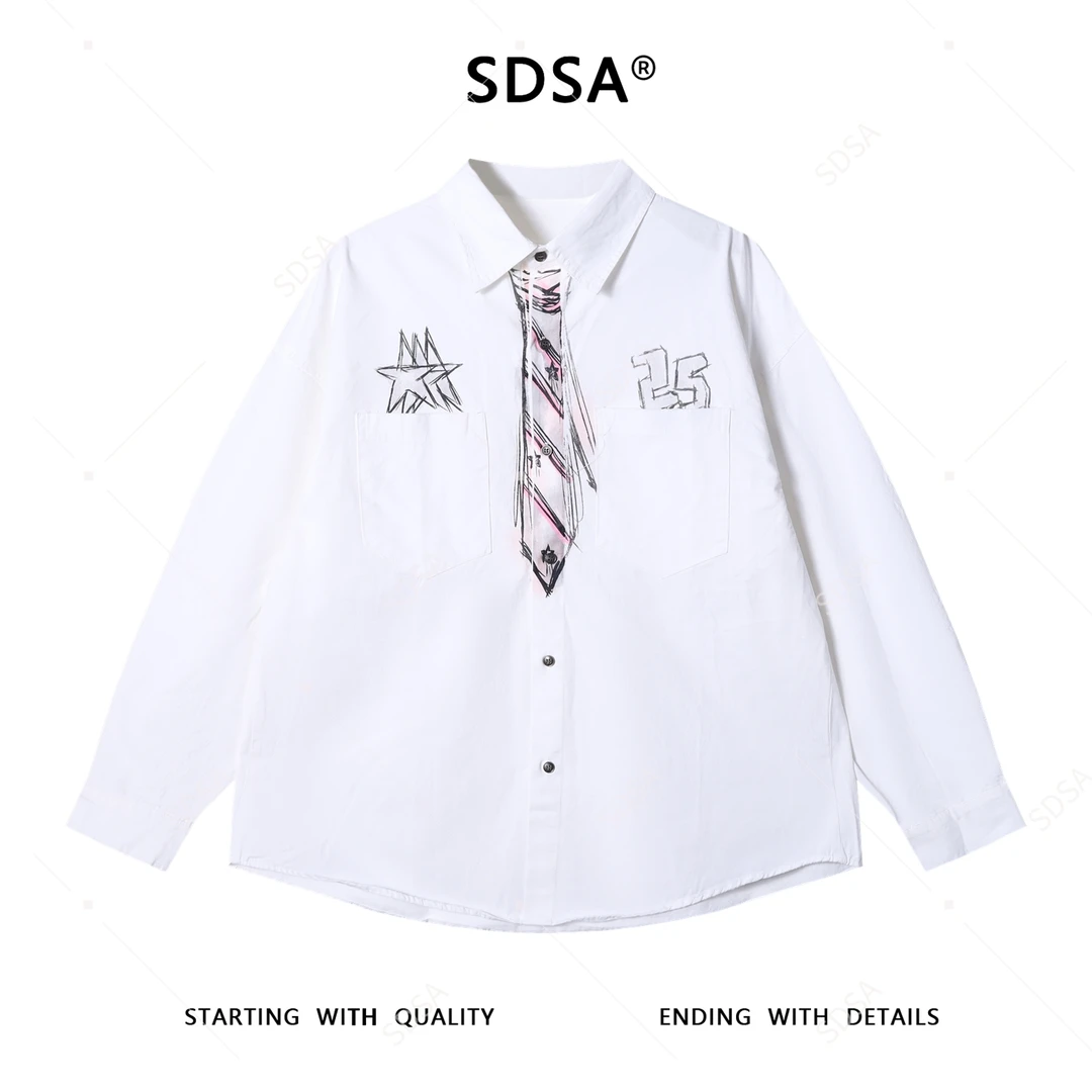 SDSA男士秋冬新款痞帅男装潮牌涂鸦领带数字翻领长袖衬衫百搭衬衣