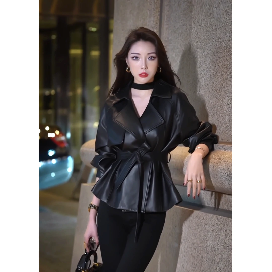 巴宝家真皮头层小羊皮气质显瘦收腰翻领百搭黑色真皮皮衣-3201