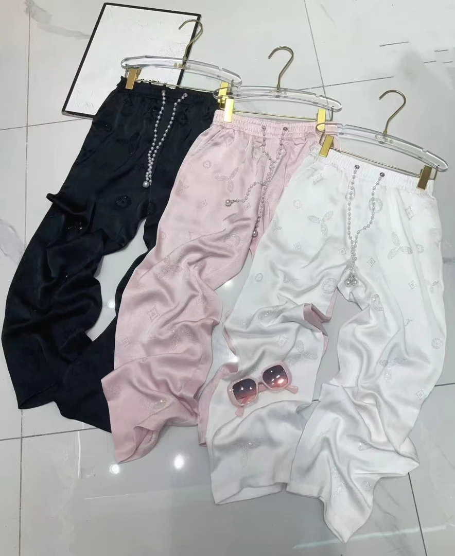 2025新款醋酸老花扎染烫钻休闲裤女夏季薄款高腰垂感直筒拖地裤