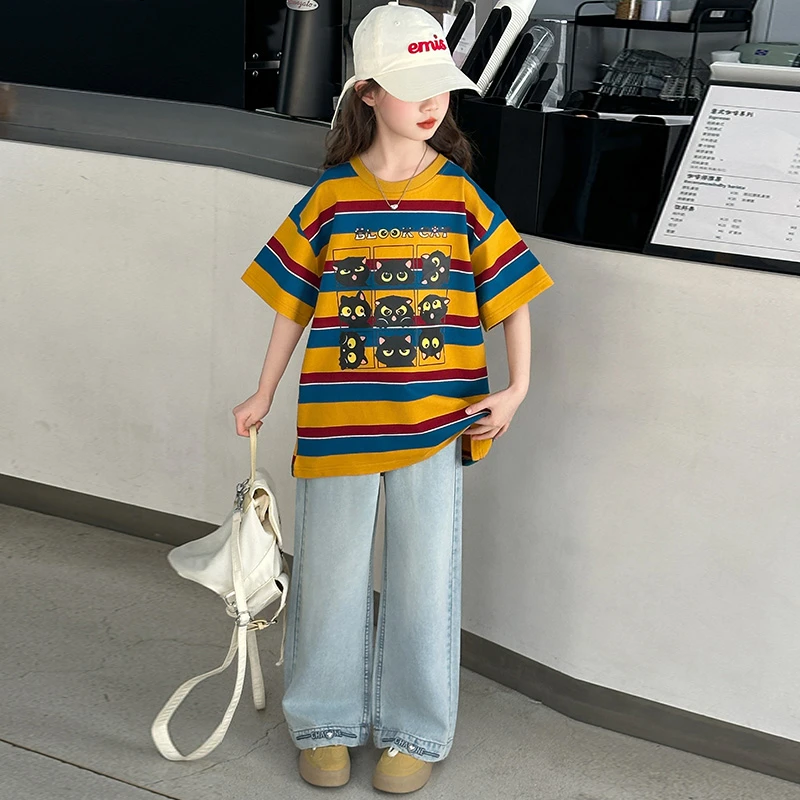 女童套装夏装3-15岁6美式撞色条纹短袖T恤女大童薄款直筒牛仔裤子
