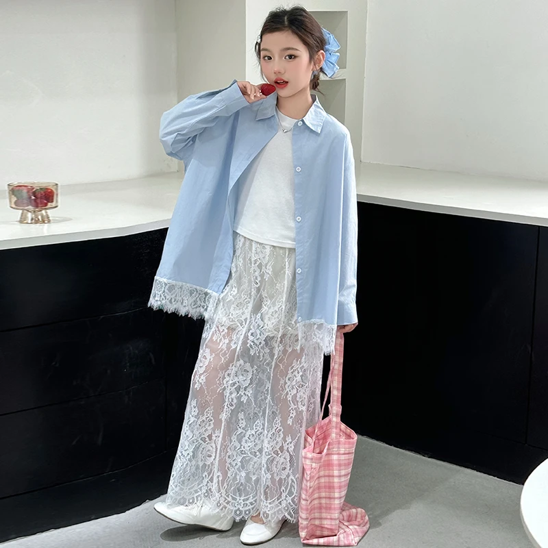 女童2025新款蕾丝拼接衬衫中大童宽松百搭长款蕾丝连衣裙三件套潮