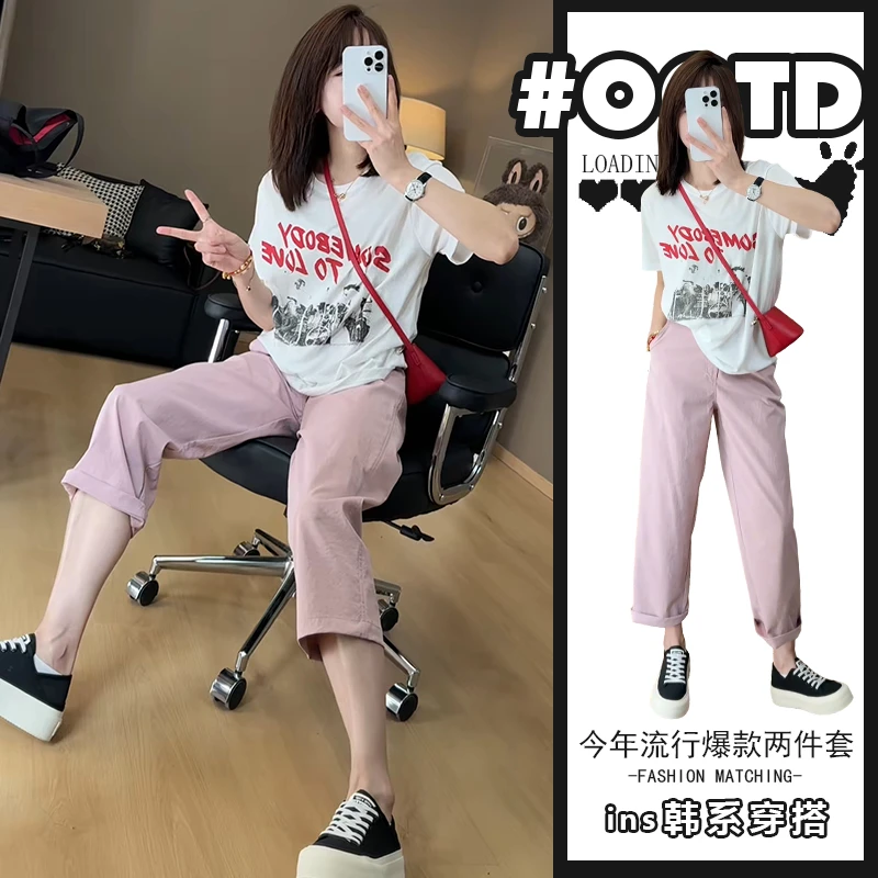 夏日穿搭一整套时尚复古印花圆领短袖T恤女宽松休闲直筒裤两件套