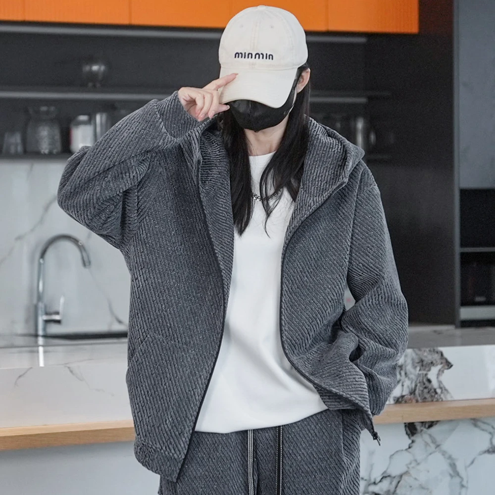 2025冬季新款男士银丝斜纹外套休闲宽松百搭时尚连帽情侣加绒