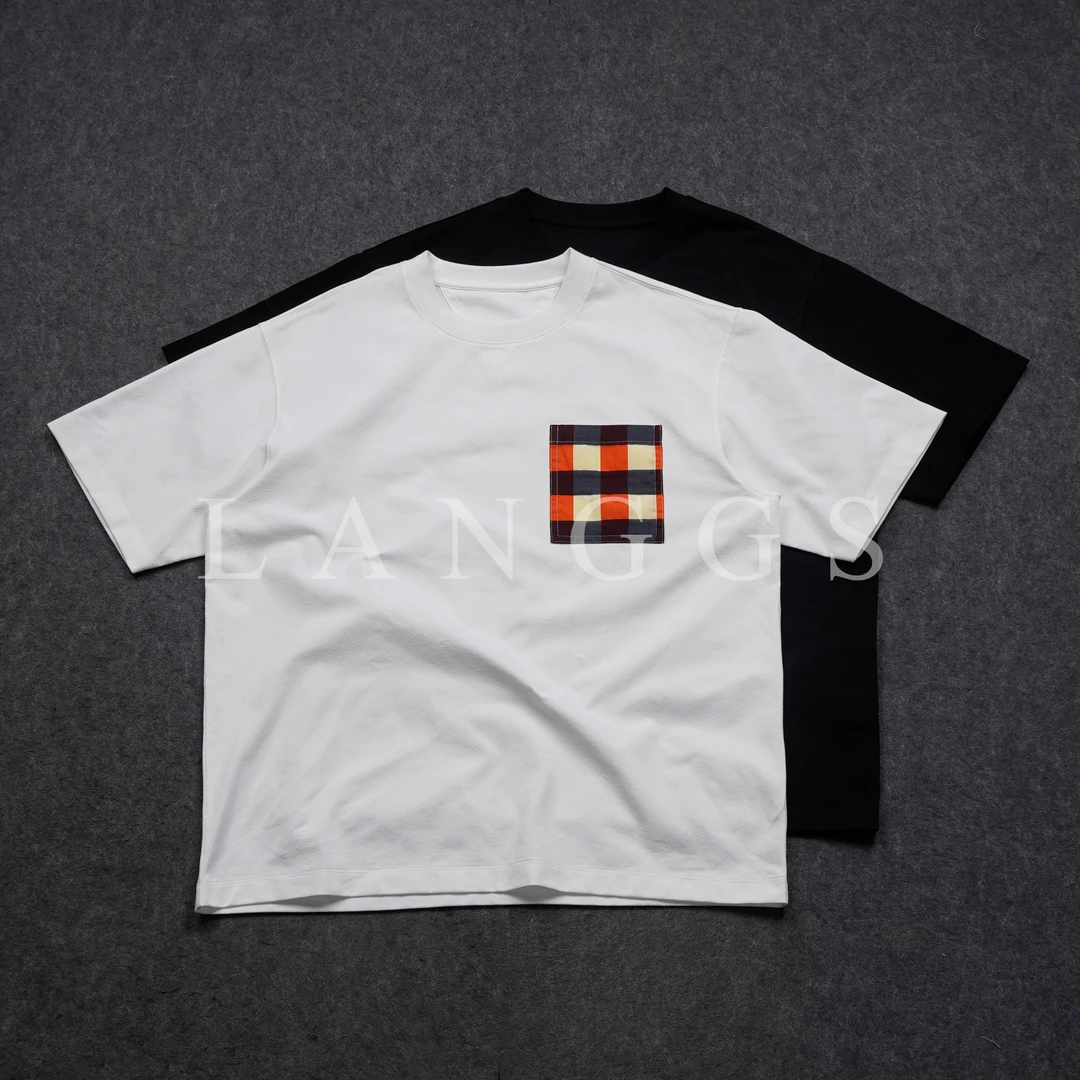 LANGGS&浪叔 2025夏季进口混纺肌理感情侣款格纹撞色T恤-SS51113