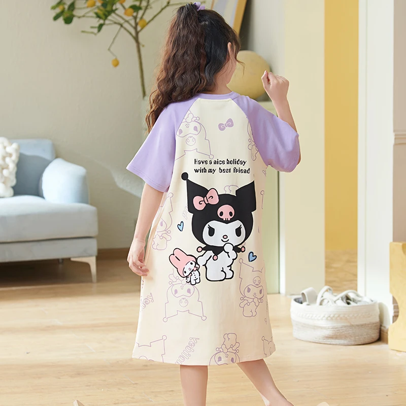 儿童睡裙女童卡通夏季短袖薄款中长款小女孩宝宝纯棉库洛米家居服