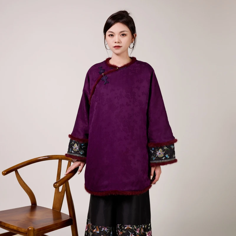 【忘忧】复古新中式民族风桑蚕丝纯手工国风女士提花斜襟加厚棉袄