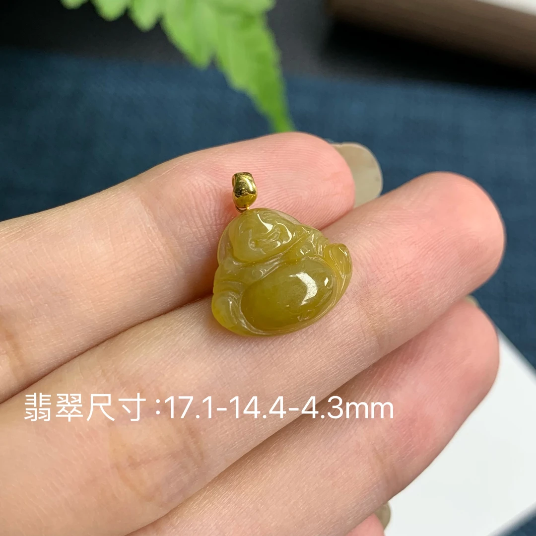 琦意翡翠18k金镶嵌冰润黄翡佛公吊坠缅甸翡翠A货气质时尚挂坠精美