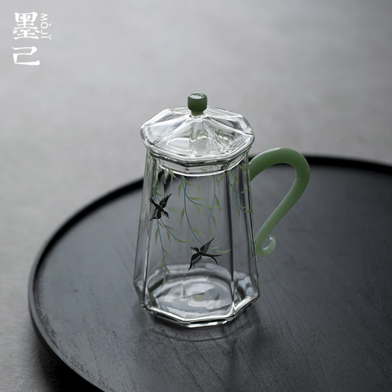 墨己瑞璃柳燕玻璃绿茶水杯透明高硼硅花茶杯手把高颜值喝水杯子