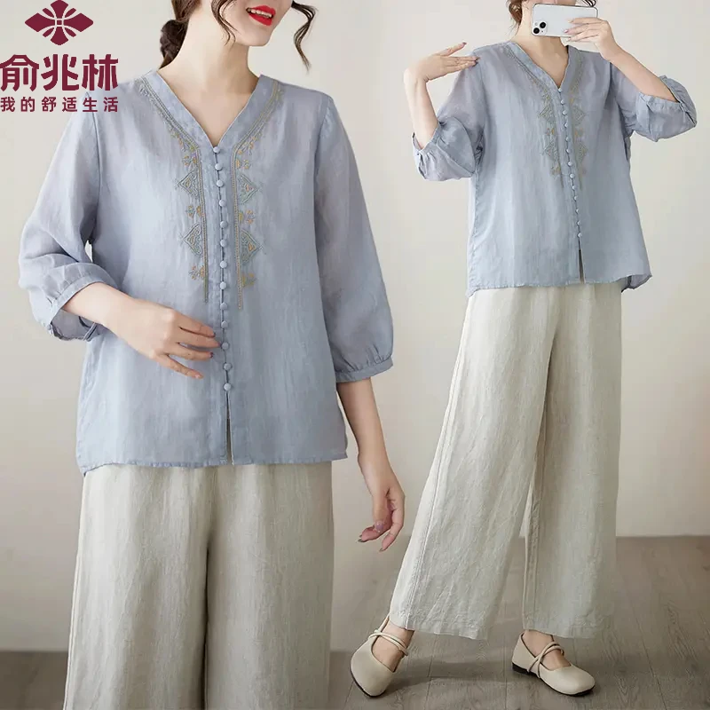 俞兆林中老年妈妈棉麻七分袖套装夏季新款中式复古洋气阔腿裤亚麻