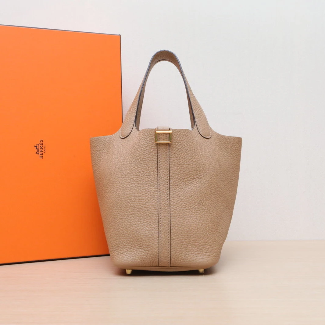95新 Hermes/爱马仕 【黑黑】菜篮子 18 玛萨拉茶色 U刻 金扣